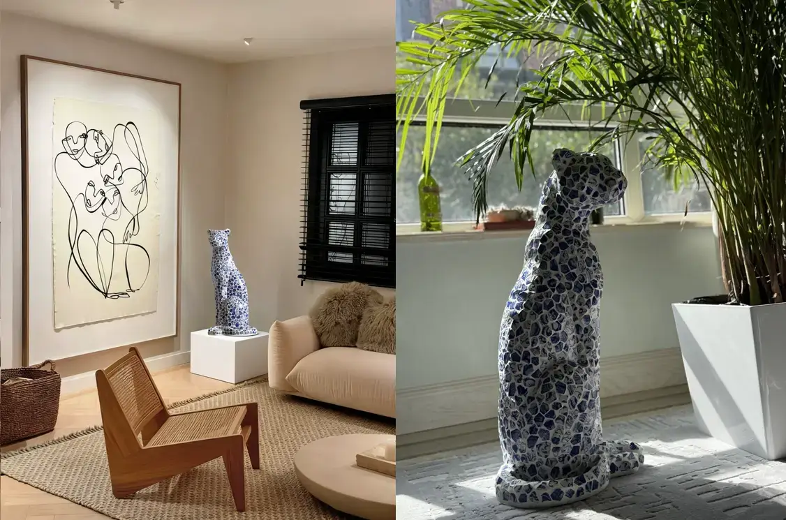 Charmy Decor Mosaic Blue and White Porcelain Hand-Crafted Leopard Ornament sculpture made in China by WEMEDEC